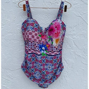 Tahiti Womens Floral Nylon Spandex One Piece Padded Swimsuit Multicolor Sz XXL